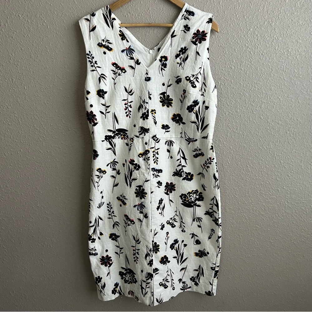 Ann Taylor White Multicolor Floral Double V Cotton Sleeveless Sheath Dress - Picture 2 of 11